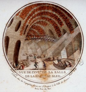 Ansicht des Inneren der neuen Markthalle, gebaut von Le Camus de Mézières zwischen 1763 und 1766, heute die Börse in Paris. In malerischen Ansichten der Hauptgebäude von Paris von Sergeant von Antoine Louis Francois Sergent Marceau