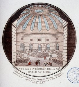 Ansicht des Inneren der neuen Markthalle, gebaut von Le Camus de Mézières zwischen 1763 und 1766, heute die Börse in Paris. In malerischen Ansichten der Hauptgebäude von Paris von Sergeant von Antoine Louis Francois Sergent Marceau