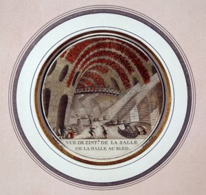 Ansicht des Inneren der neuen Markthalle, gebaut von Le Camus de Mézières zwischen 1763 und 1766, heute die Börse in Paris. In pittoresken Ansichten der Hauptgebäude von Paris von Sergeant