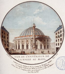 Ansicht des Äußeren des Weizenmarktes, Paris, gebaut von Le Camus de Mézières zwischen 1763 und 1766, heute die Börse in Paris. In malerischen Ansichten der Hauptgebäude von Paris von Sergeant