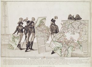 Der Triumph der französischen Armeen, Napoleon und seine Generäle halten Karten ihrer Siege zur Zeit des Friedens von Loeben, 18. April 1797, ca. 1797