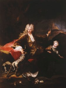 Porträt des Marchese Paolo Corbelli, ganzfigur, sitzend auf einer Bank am Waldrand, 1709 von Antoine Pesne