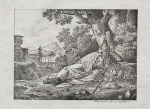 Sammlung lithografischer Versuche: Rauchender Drache am Fuße eines Baumes, 1822
