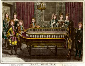 Philippe von Frankreich, Herzog von Anjou, später König von Spanien (1683-1746), Charles, Herzog von Berry (1686-1714) und Prinz von Wales spielen im ersten Appartement von Ludwig XIV. in Versailles - Kupferstich von Antoine Trouvain (1656-1708) Private Sa von Antoine Trouvain