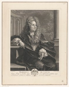 Porträt von Robert de Cotte, lehnend auf einem Buch in klassischer Architektur
