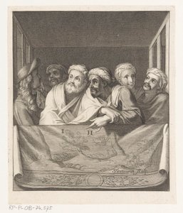Fünf Männer mit Turban und einer mit Hut in einer Loge hinter einer Balustrade