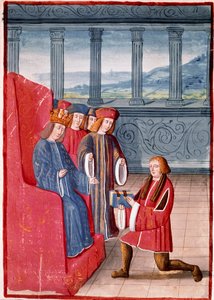 Der Autor präsentiert sein Buch dem König von Frankreich Karl VIII. Miniatur aus „Chroniken von Frankreich“ illustriert von Antoine Vérard (1450-1519) Biblioteca Nazionale, Turin