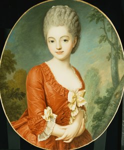 Porträt einer jungen Dame, Halbfigur, in einem roten Kleid mit Schleifen, in einem Park von Antoine Vestier