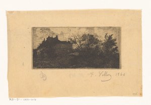 Landschaft mit Häusern hinter einem Zaun und Bäumen im Vordergrund