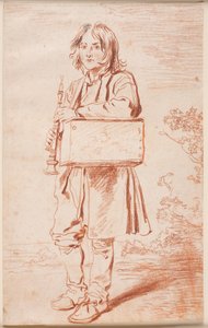 Junger Savoyarde. Ganzfigur von vorne links, stehend, über der Schulter hängt eine Kiste mit dem Murmeltier, in den Händen hält er die Flöte von Antoine Watteau