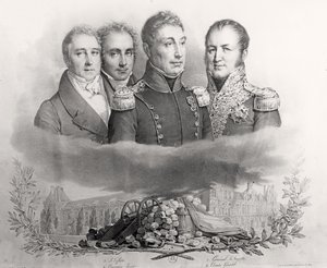 Die provisorische Regierung vom 29. Juli 1830. V.l.n.r.: Jacques Lafitte, Casimir Perier, General Lafayette und Comte Etienne Maurice Gerard, 1831 von Antoine Maurin