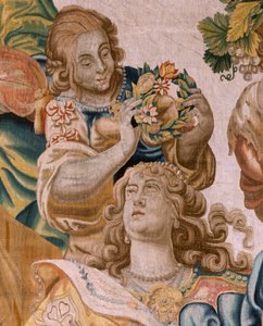 Flämischer Wandteppich. Serie Geschichte des Theseus. Bacchus nimmt Ariadne zur Frau. Neunter Wandteppich der Serie. Modell Anthonis Sallaert. Herstellung Jan Raes der Jüngere, Brüssel. Ca 1630. Stoff Seide und Wolle. Größe 392 x 45 von Antoine or Anthonis Sallaert