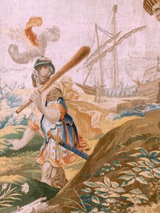 Flämischer Wandteppich. Serie Geschichte des Theseus. Theseus verlässt Ariadne auf der Insel Naxos. Achter Wandteppich der Serie. Modell Anthonis Sallaert. Herstellung Jan Raes der Jüngere, Brüssel. Ca. 1630. Stoff S