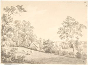 Landschaft mit Haus und Kühen an der Elbe von Anton Carl Dusch