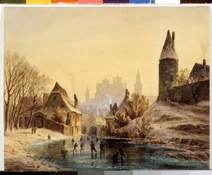 Eislaufbahn auf einem Fluss, Aquarell von Anton Doll (1826-1887) 1855, Puschkin-Museum, Moskau