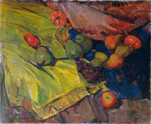 Stillleben mit Früchten auf grünem Tuch von Anton Faistauer