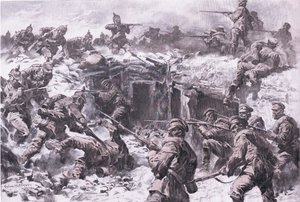Die Niederlage des Moskauer Grenadierkorps durch schlesische, preußische und kaiserliche deutsche Truppen, aus Die illustrierte Geschichte des Weltkriegs 1914-1915, veröffentlicht von Union Berlagsefellfchaft