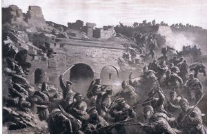 Die Erstürmung eines Forts in Kavno, aus Die illustrierte Geschichte des Weltkriegs 1914-1915, veröffentlicht von Union Berlagsefellfchaft von Anton Hoffman