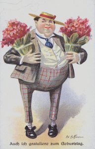 Geburtstagskarte mit einem Mann, der Blumensträuße trägt von Anton Hoffmann