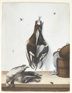 Stillleben mit vier Enten und einem offenen Korb