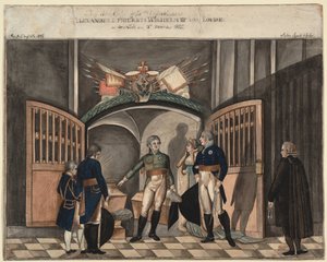 In der Nähe der Asche von Friedrich dem Großen. Zar Alexander I., König Friedrich Wilhelm III. und Louise von Preußen von Anton Ignaz Vogel