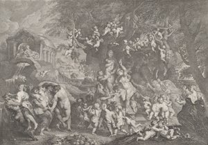 Das Fest der Venus mit Gruppen von Satyrn, Nymphen und Putti, die um eine Statue tanzen