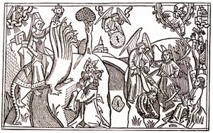 Die große Hure von Babylon reitet auf dem siebenköpfigen Tier und die Engel schneiden Weizen, während sie den Teufel gefangen halten von Anton Koberger