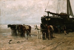 Bomschuit mit Schlepppferden am Strand von Scheveningen