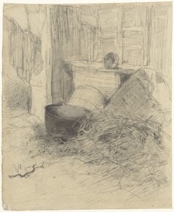 Innenraum einer Scheune mit Stroh und verschiedenen Gegenständen von Anton Mauve