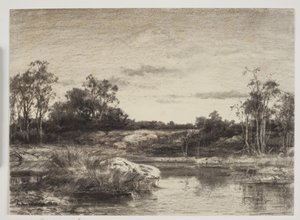 Landschaft mit einem Fluss oder See im Vordergrund von Anton Melbye