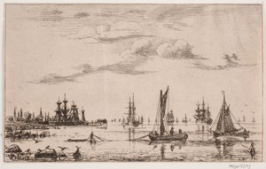 Schiffe und Boote bei ruhigem Wetter an der Küste von Anton Melbye