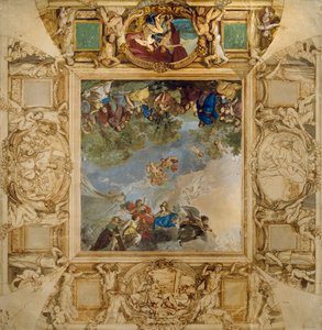 Apollo und Athena belohnen Talente und Minerva flankiert von Karyatiden und Medaillons, die Mars, Venus, Herkules und Kybele darstellen
