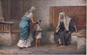 Hannah bringt Samuel zu Eli, aus Hulberts Geschichte der Bibel, veröffentlicht von The John Winston Company, 1932
