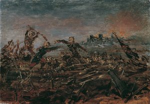 Totentanz auf dem Schlachtfeld vor brennenden Ruinen, 1882-1885