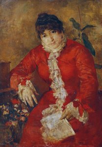 Frau im scharlachroten Kleid mit Zeitungsblatt und Ficus