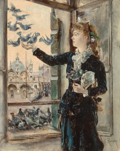 Mädchen an einem Fenster zum Markusplatz, Tauben fütternd