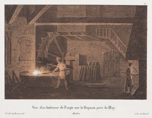 Innenansicht einer Schmiede bei Huy, Belgien, graviert von Jean-Baptiste Jobard