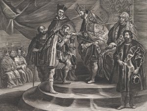 Tafel 25: Philipp wird von seinem Vater Karl V. zum König von Spanien gekrönt, aus Guillielmus Becanus