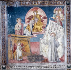 Leben der hl. Francesca Romana: 1. März 1433, Francesca wird in einer Vision von der Mutter Gottes unter ihren Mantel genommen von Antoniazzo Romano