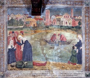 Leben der Heiligen Francesca Romana: Ein Mann wird von der Heiligen wiederbelebt, nachdem er im Tiber ertrunken ist
