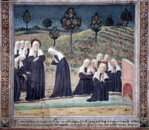 Leben der heiligen Francesca Romana: Bei ihrer Rückkehr von der Basilika St. Paul wurde die Heilige in Ekstase versetzt, in einem Bach, aber sie erhob sich vollkommen trocken von Antoniazzo Romano