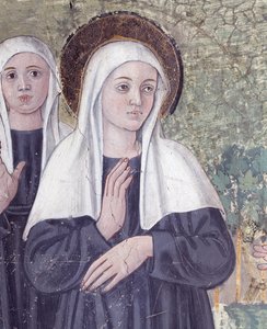 Leben der heiligen Francesca Romana: Bei ihrer Rückkehr von der Basilika St. Paul wurde die Heilige in Ekstase versetzt, in einem Bach, aber sie erhob sich vollkommen trocken, Detail von Antoniazzo Romano