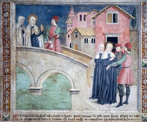 Leben der Heiligen Francesca Romana: Bei ihrer Rückkehr von St. Johannes im Lateran heilt die Heilige einen Mann mit einem abgetrennten Arm von Antoniazzo Romano
