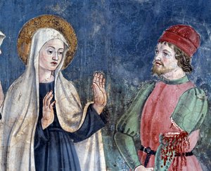 Leben der heiligen Francesca Romana: Bei ihrer Rückkehr von St. Johannes Lateran heilt die Heilige einen Mann mit einem abgeschnittenen Arm (Detail) von Antoniazzo Romano
