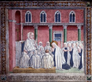 Leben der heiligen Francesca Romana: Die Heilige und die Oblaten bieten sich dem Benediktinerorden an und lassen sich in der Kirche Santa Maria Nova, Rom, nieder (Fresko)