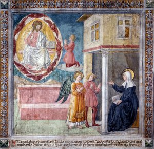 Leben der heiligen Francesca Romana: Der Sohn der Heiligen, der an der Beulenpest starb, erscheint ihr mit einem Engel von Antoniazzo Romano