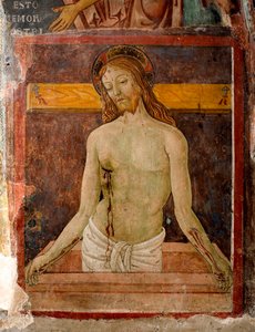 Pieta Der Heiligenschein von Jesus Christus ist mit einem Kreuz markiert. Detail eines Freskos von Antonio Aquili genannt Antoniazzo Romano (aktiv um 1461-1508) 15. Jahrhundert Kloster von Saint Benoit (Sacro Speco), Subiaco (Rom), Italien