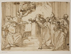 Vier Dogen und ein Mann in einem Mantel mit der Dogenkappe in den Händen, mit der Verkündigung (?) im Hintergrund von Antonio Aliense