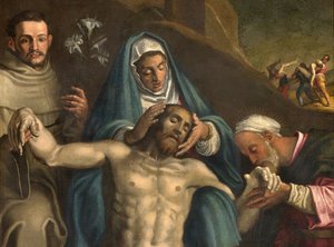 Nordquerhaus, Altar der Grablegung, Grablegung Christi unterstützt von der Jungfrau und den Heiligen Raymond und Antonius von Padua, Antonio Campi 1566, Detail (Altarbild) von Antonio Campi