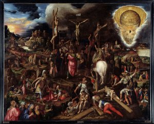 Szenen der Passion: Gebet im Garten Gethsemane, Verrat durch Judas, Verhaftung Christi, Verspottung Christi, Aufstieg nach Golgatha (Kreuzweg), Kreuzigung, Auferstehung... Gemälde von Antonio Campi (1526-1587) von Antonio Campi